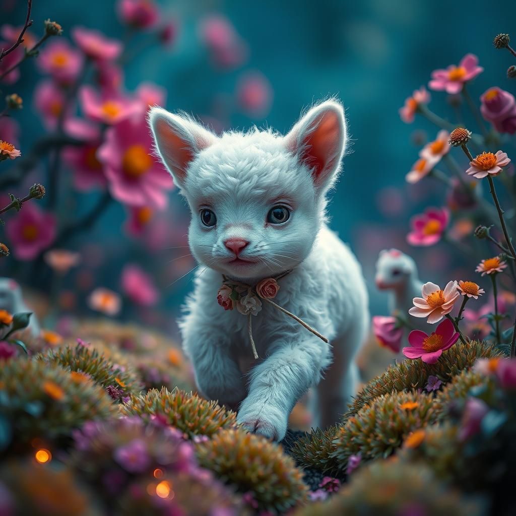 Lambkitten Hybrid in Whimsical Forest, Digital Art