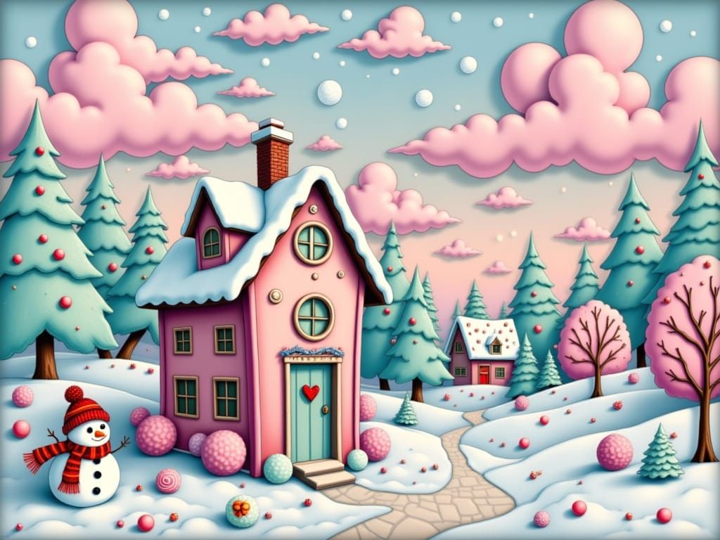 Whimsical Gingerbread House in Pastel Winter Wonderland