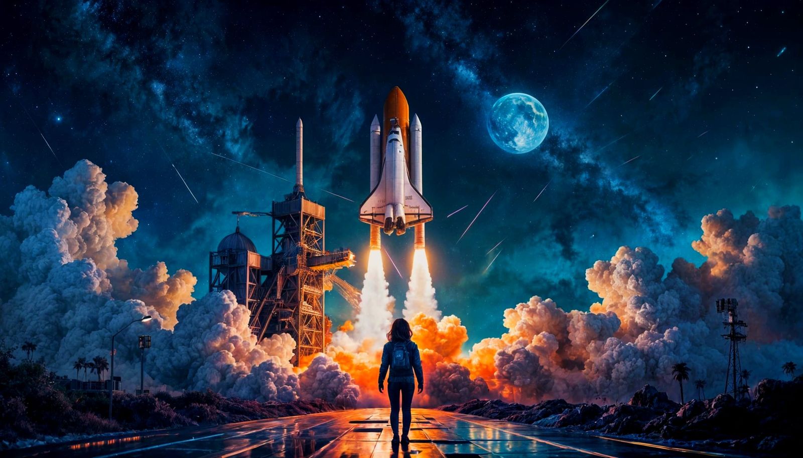 Dramatic Space Shuttle Launch in Graffiti Art Style