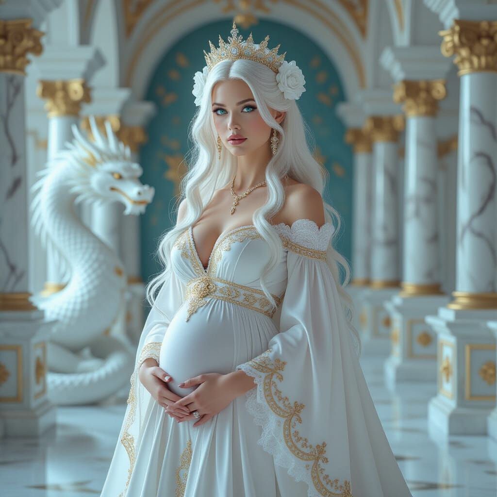 Gothic Woman in White & Gold with Dragon