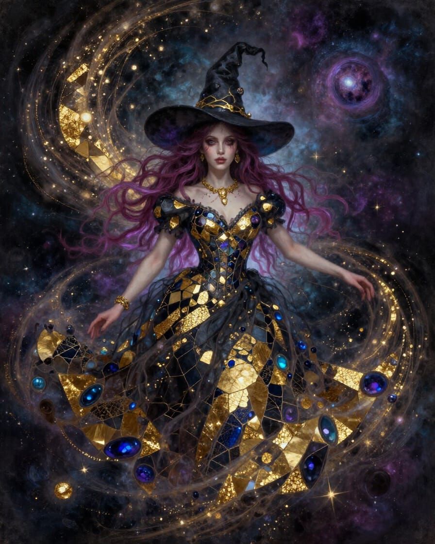 Whimsical Witchy Portrait in Cosmic Void, Gold Leaf Mosaic S...