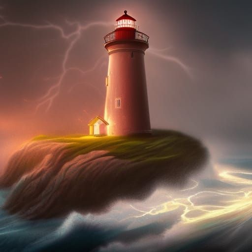Lighthouse on Stormy Coast at Night in Detailed Matte Painti...