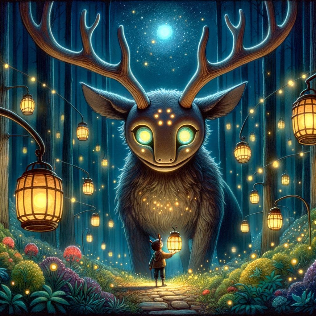 Kind Beast: Antlered Giant Lights Forest, Watercolour Style