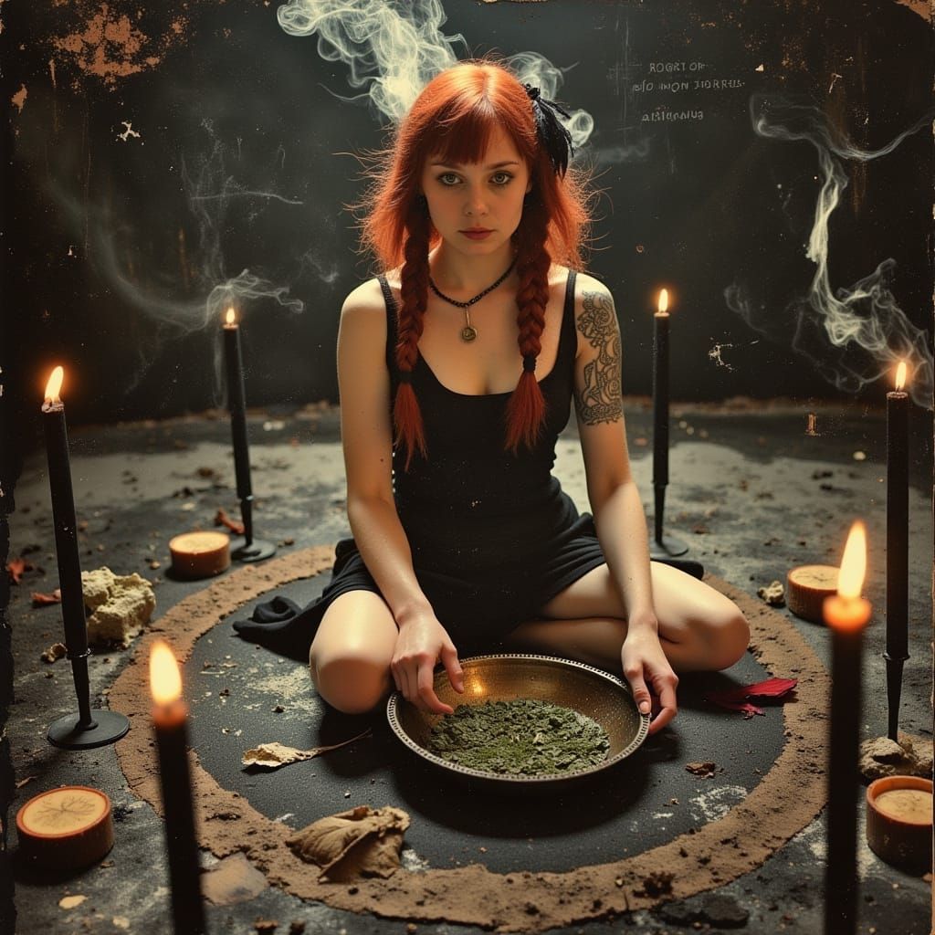 Fae Witch in Chalk Circle with Candles