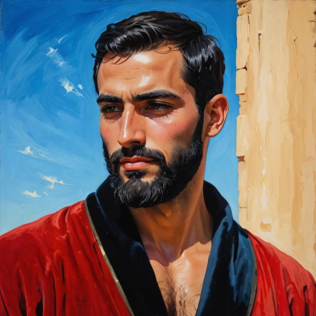 Neo-Impressionist Portrait: Man in Red Velvet Robe