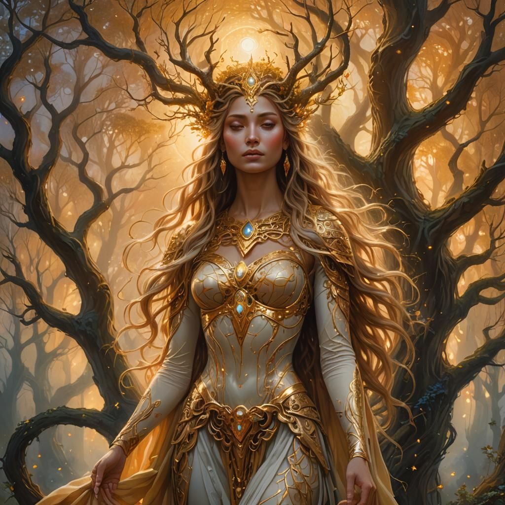 Golden Goddess in Mystical Realm as Oil Painting