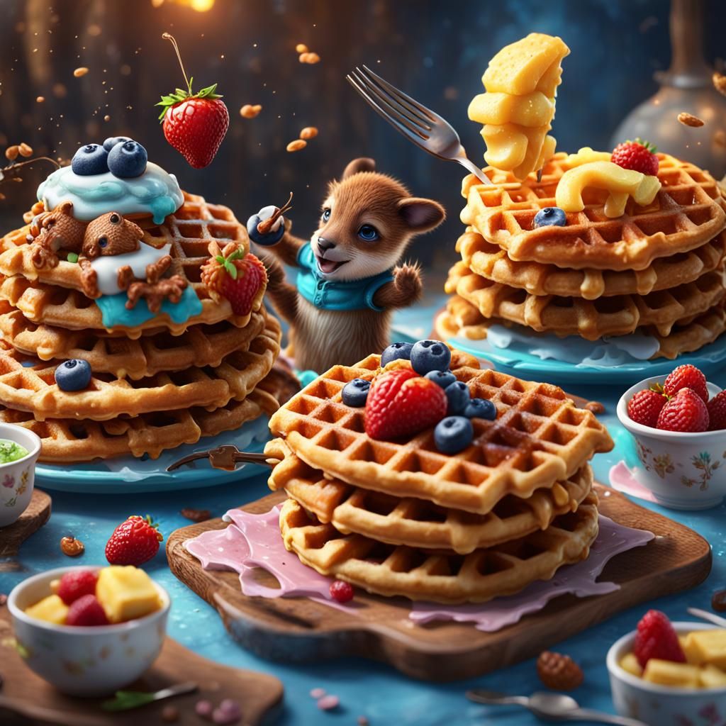 Cute Animals Eating Waffles in Detailed Matte Painting