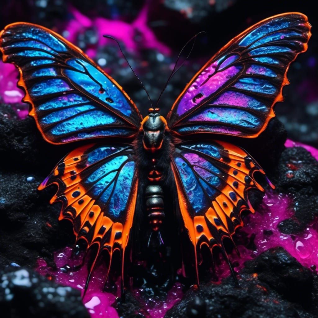 Fluorescent Butterfly on Lava Rock, HR Giger Style