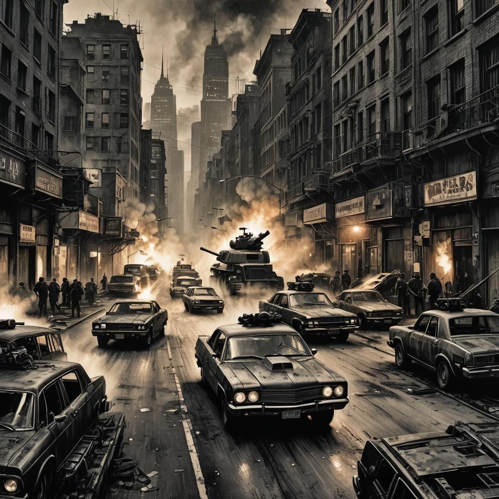 Gritty Noir Cityscape in Etching Art