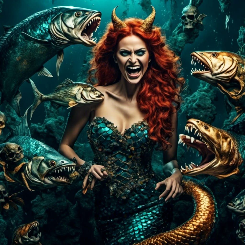 Evil Demon Mermaid with Skull Bag: Dark Fantasy