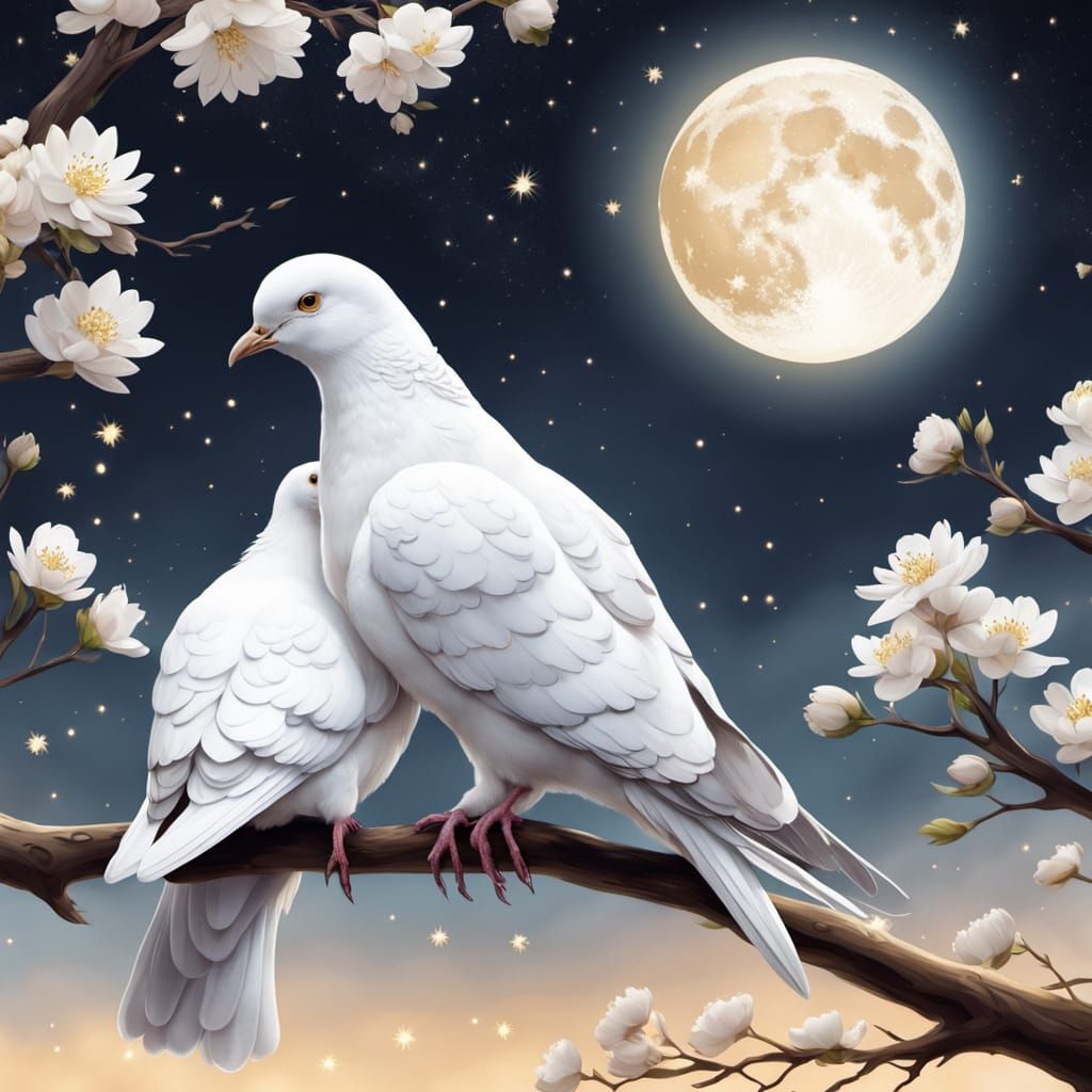 Whimsical White Pigeons Amidst Golden Hour Blooms