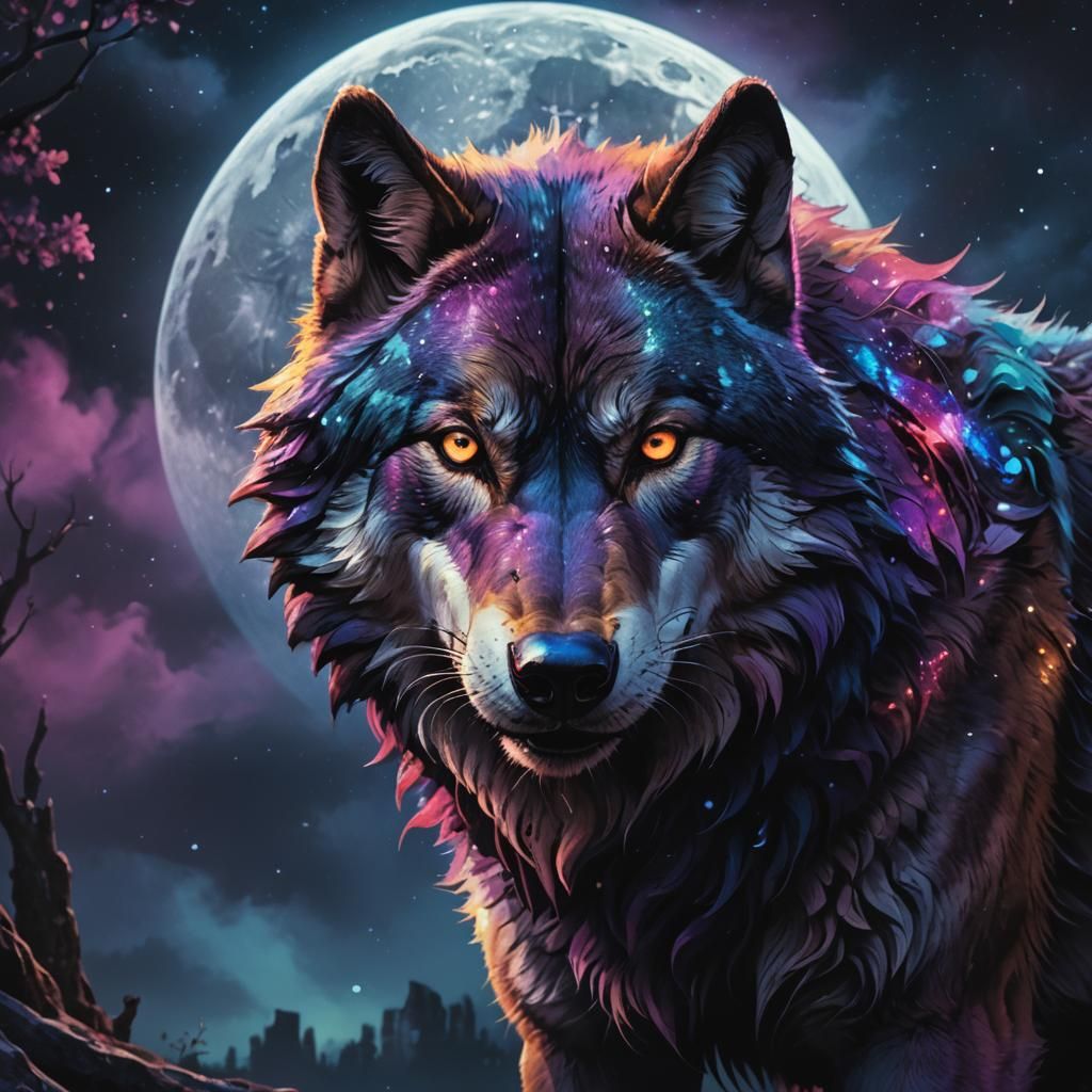 Fierce Wolf Under Moonlight in Rainbow Colors