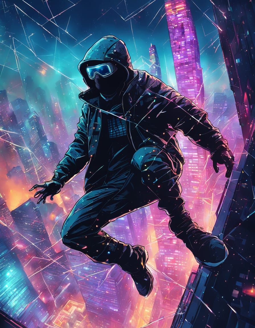 Cyberpunk Hacker Soars Through Broken Glass