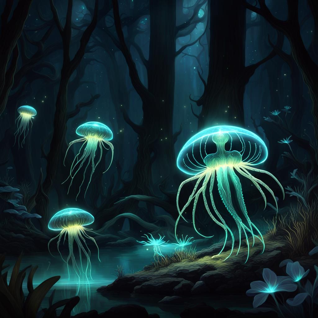 Spectacular Bioluminescent Creatures in Mystical Setting