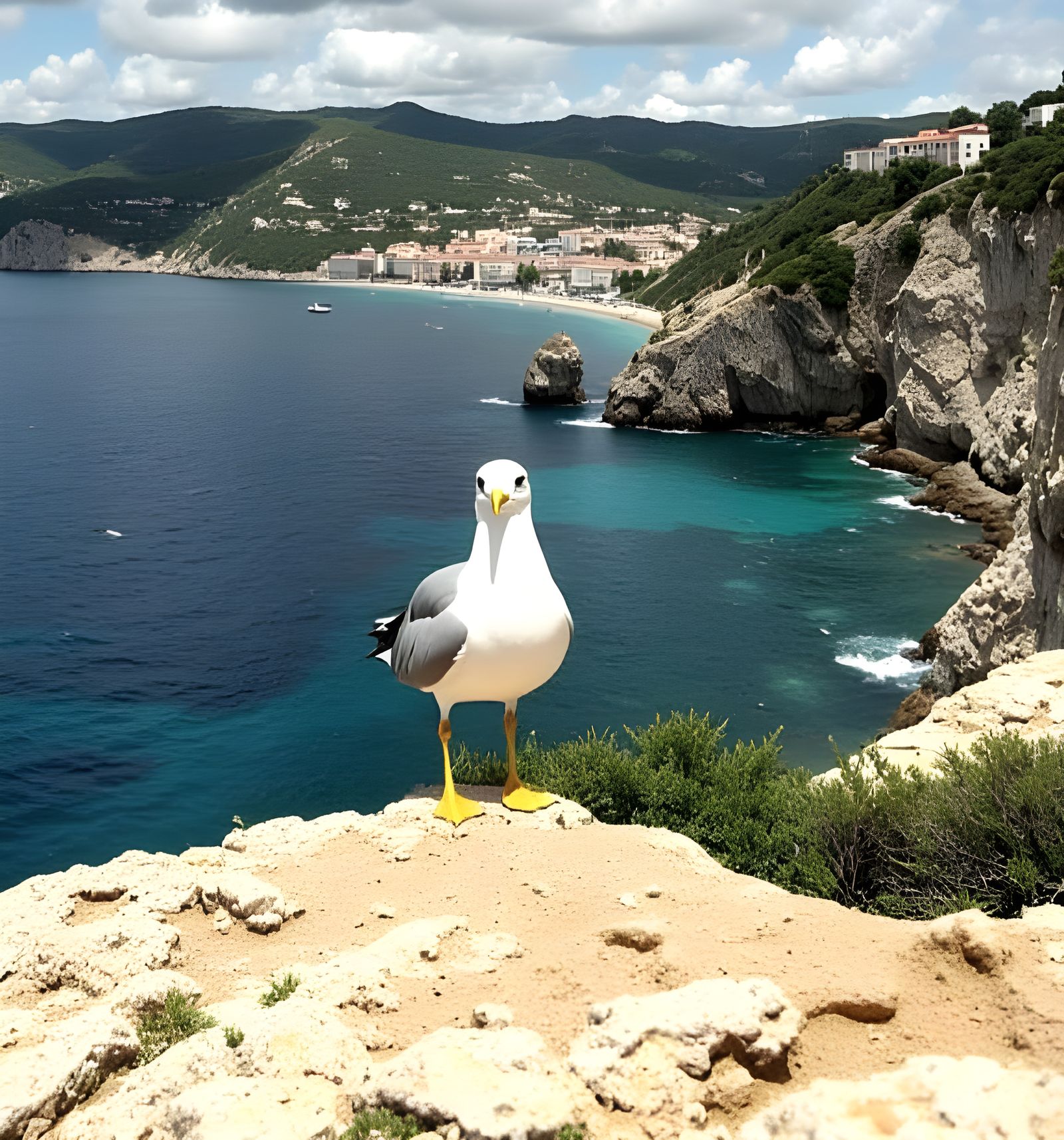 Surreal Coastal Landscape with Seagull in Tranquil Perch