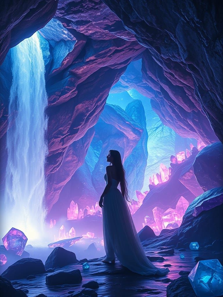 Luminous Woman by Glowing Waterfall in Gemstone Cave