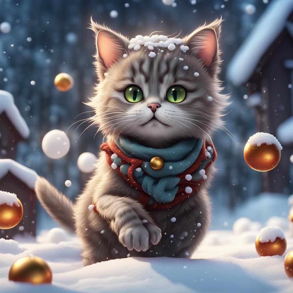 Cute Cat Plays with Snowballs: Fantasy Concept Art
