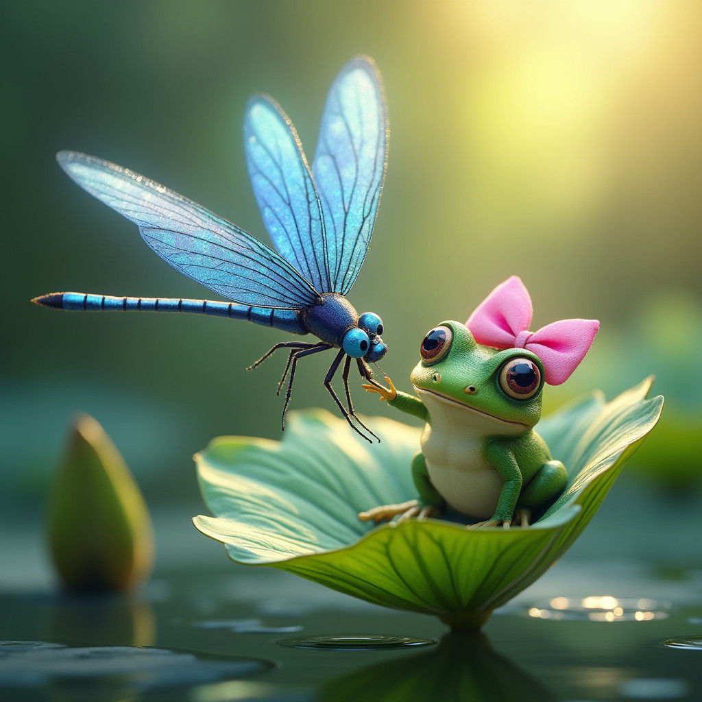 Whimsical Dragonfly Lands on Lotus with Adorable Frog Compan...