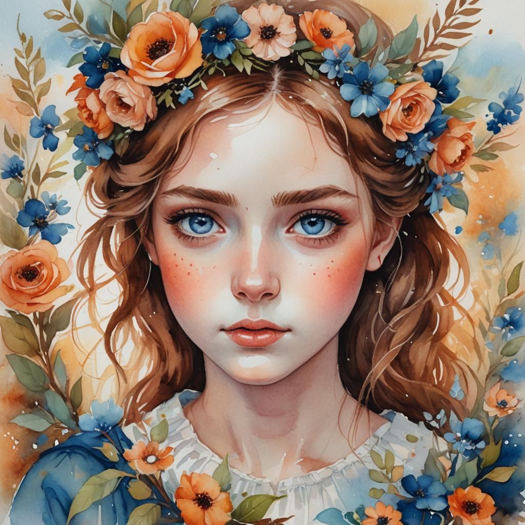 Watercolor Portrait of Girl with Floral Wreath