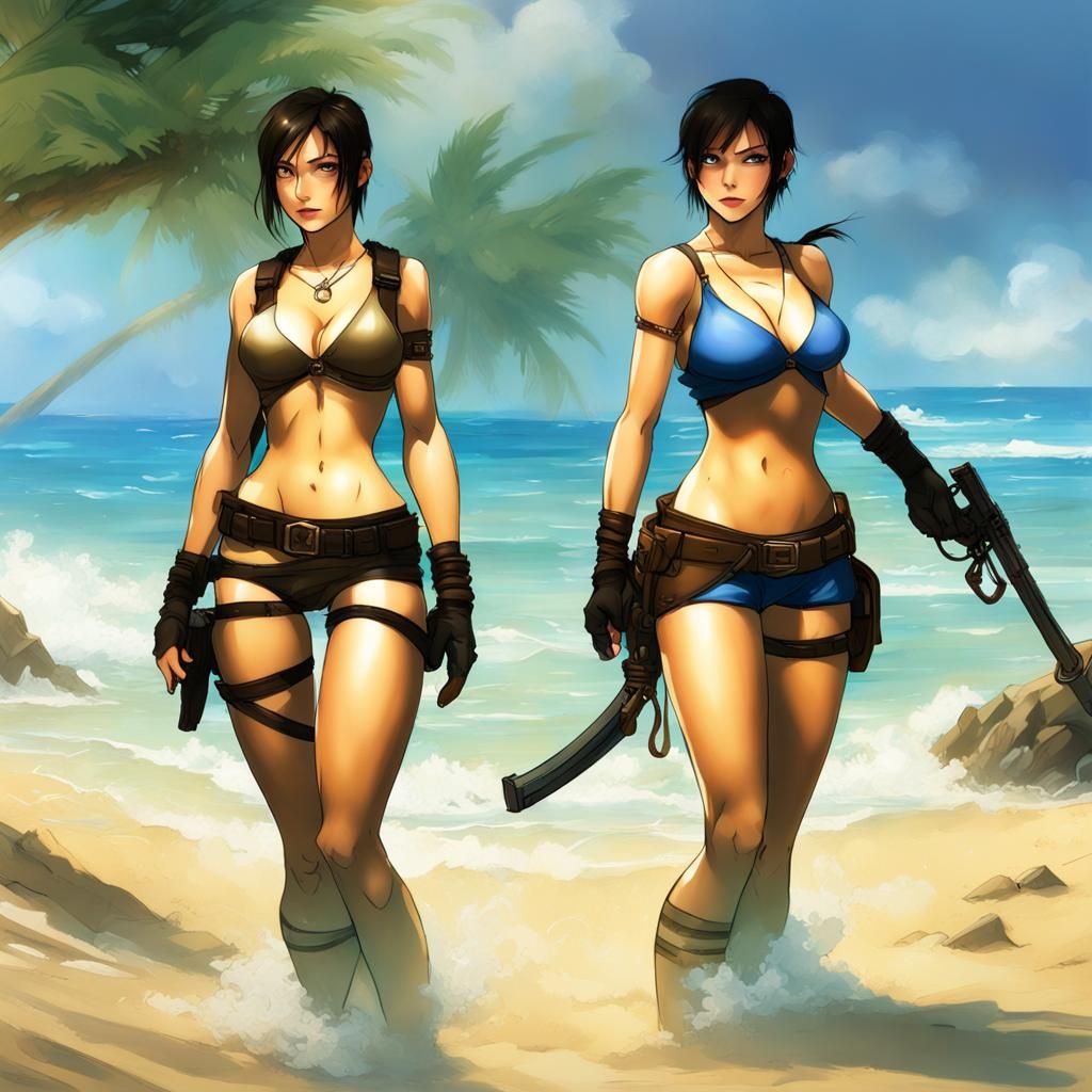 Lara Croft and Ada Wong on a Sun-Kissed Beach