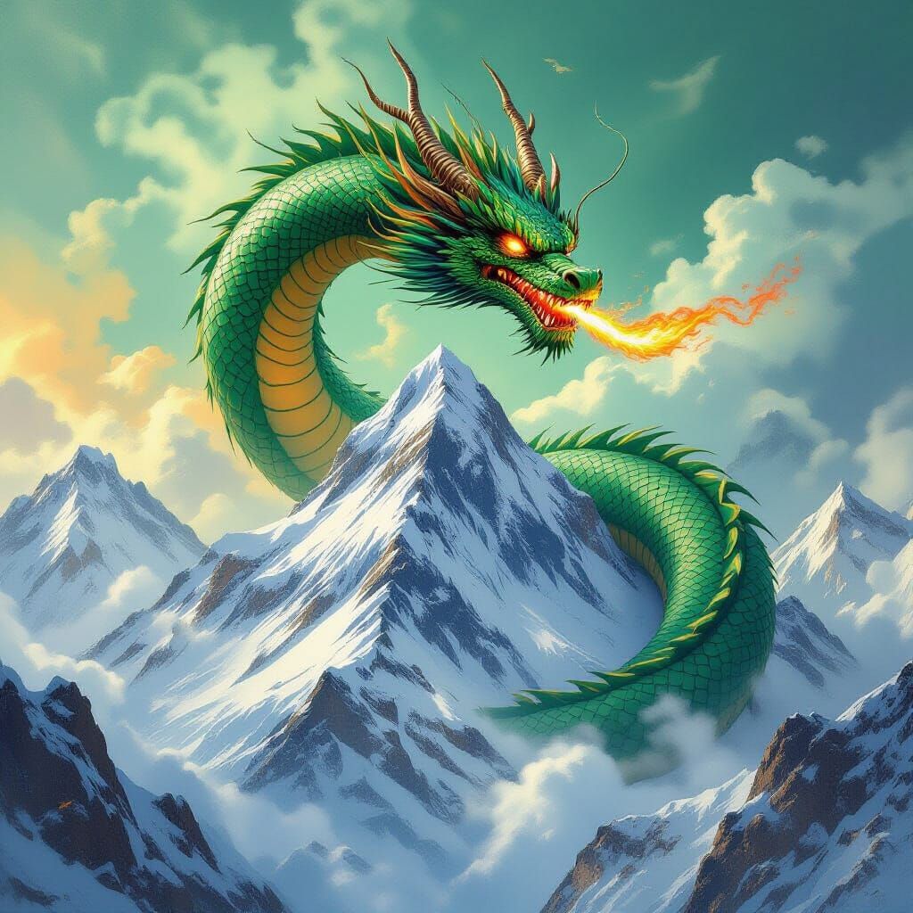 Emerald Dragon Coils Around Mount Everest, Frazetta Style