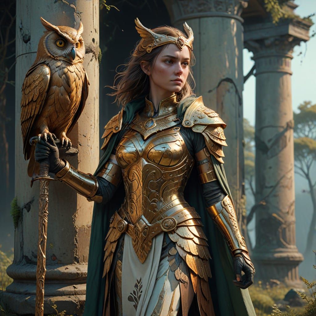 Golden Warrior Goddess with Shield and Spear in Ancient, Wea...