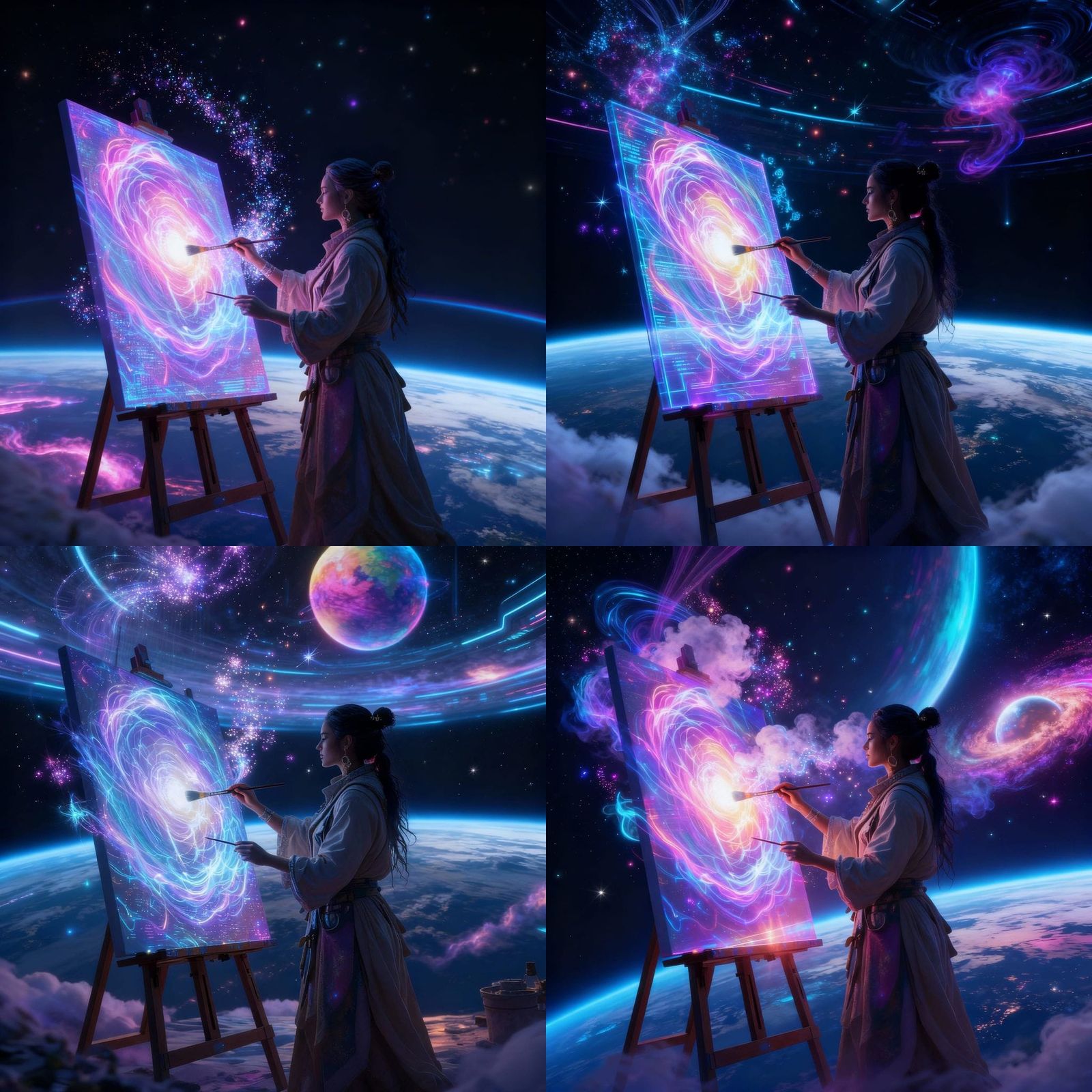 Concept art. Medium shot. Sculptor Elverda Apacheta standing...