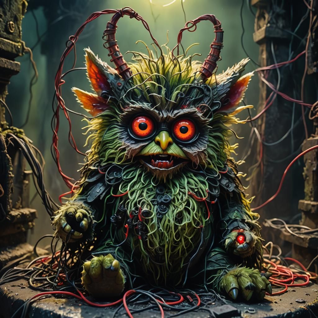 Demonic Furby on Throne in Dark Fantasy Style