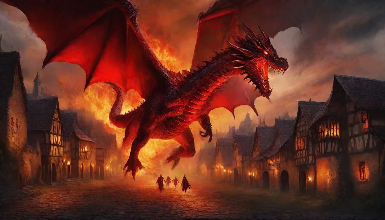 Red Dragon Over Burning Village in Epic Fantasy Art