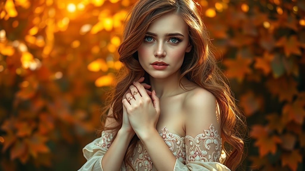 Pre-Raphaelite Woman in Autumn Landscape