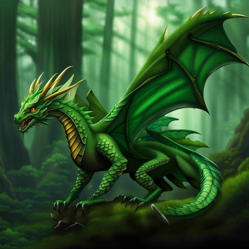 Leaf-Winged Green Dragon in Fantasy Forest