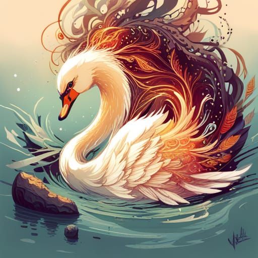 Luminous Swan with Golden Outlines Digital Painting