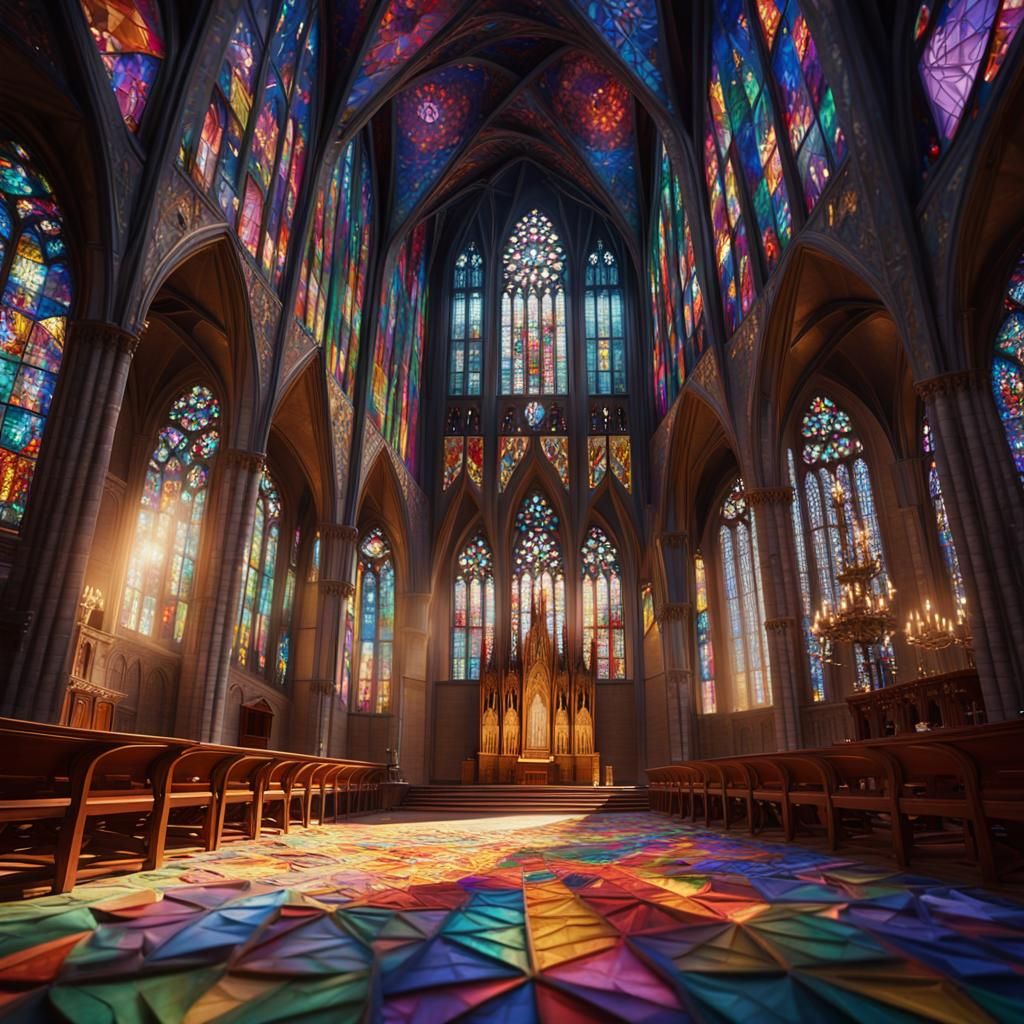 Origami Gothic Cathedral with Golden Light