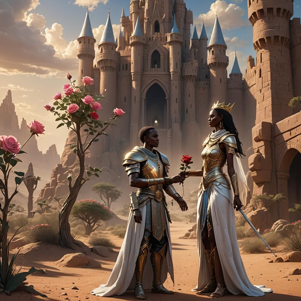 Heroic African Warrior Giving Rose to Princess