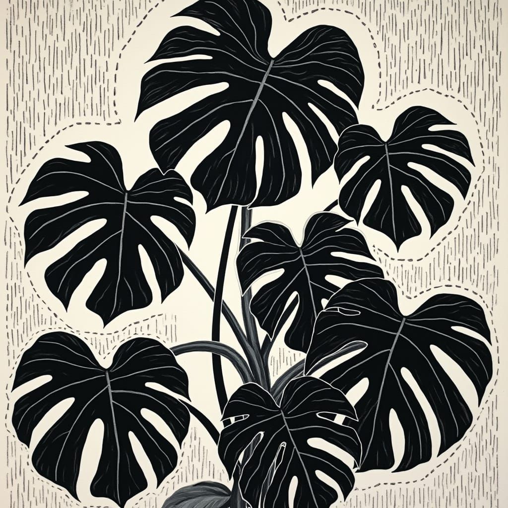 Monstera Philodendron in Linocut Style
