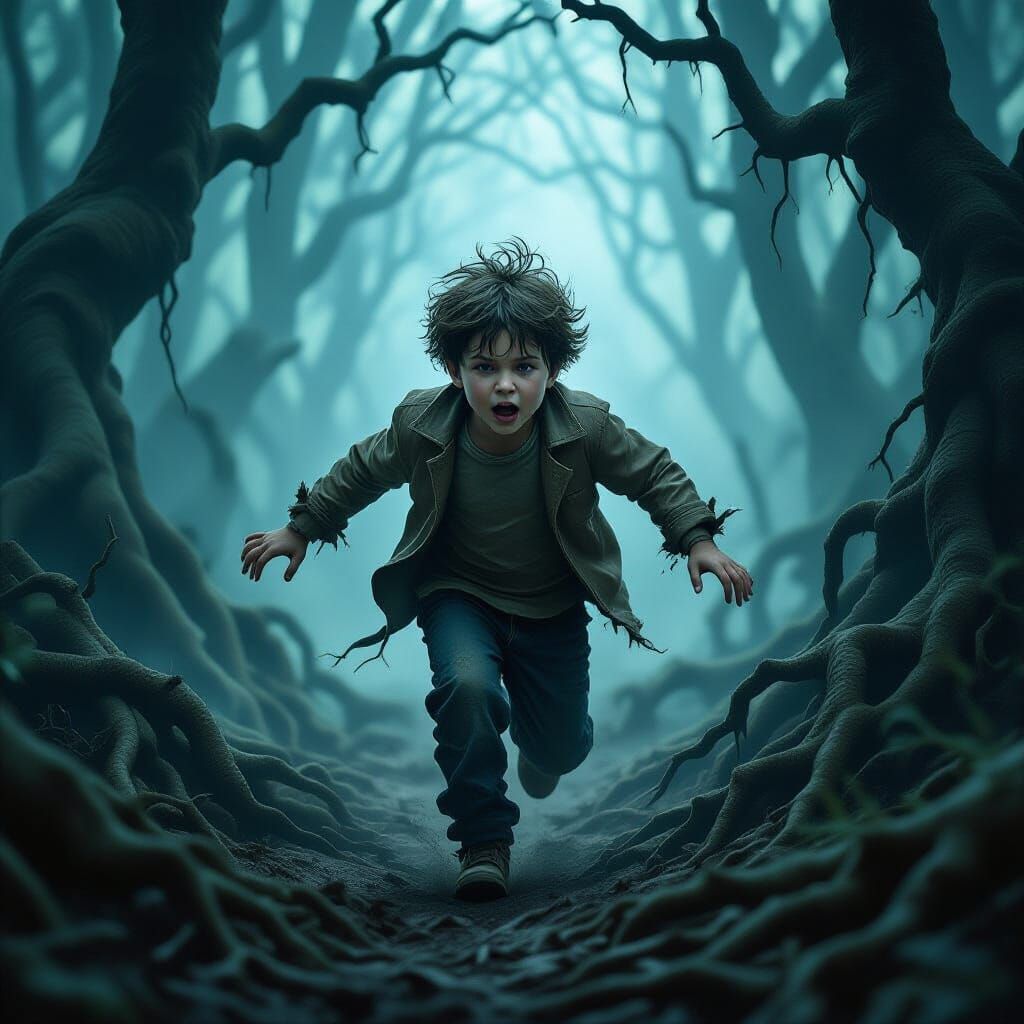 Boy Escapes Cursed Forest: Dark Fantasy Art