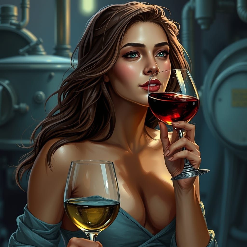 Woman Tasting Wine with Art Nouveau Lines