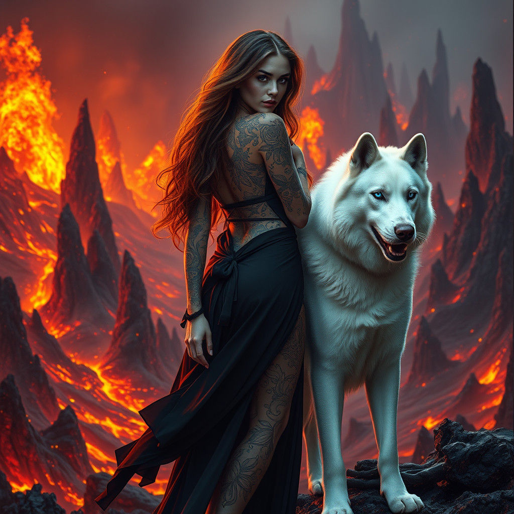 Fiery Underworld Portrait of Woman with Husky, Digital Art