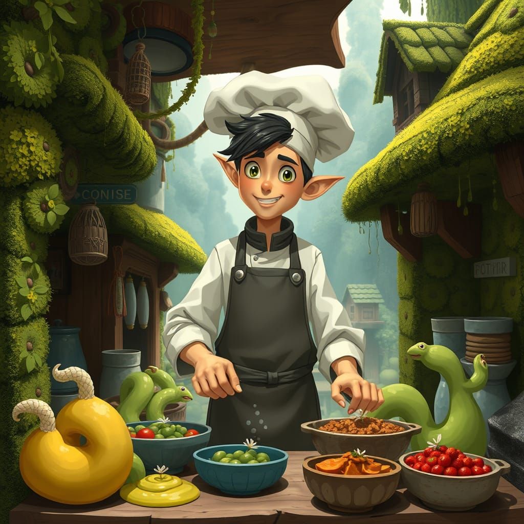 Whimsical Chef Cooking with Slime, Miyazaki-esque