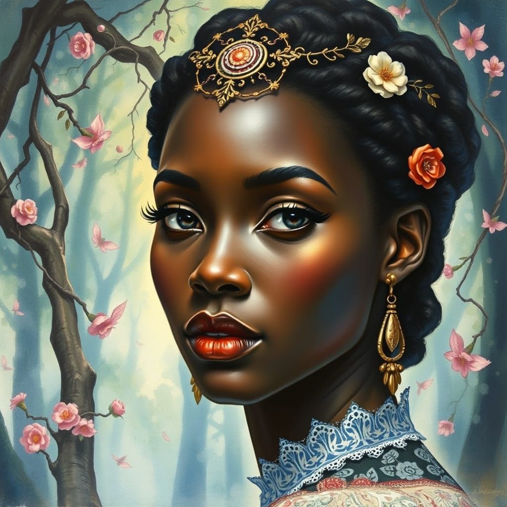 Romantic Portrait of a Majestic African Woman in Enchanted F...
