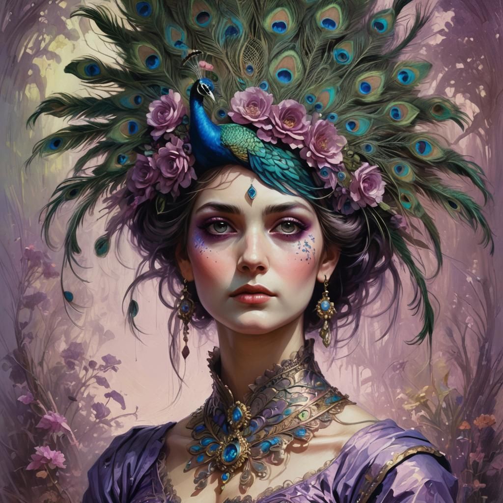 Peacock Woman: A Sci-Fi Oil Painting in 4D