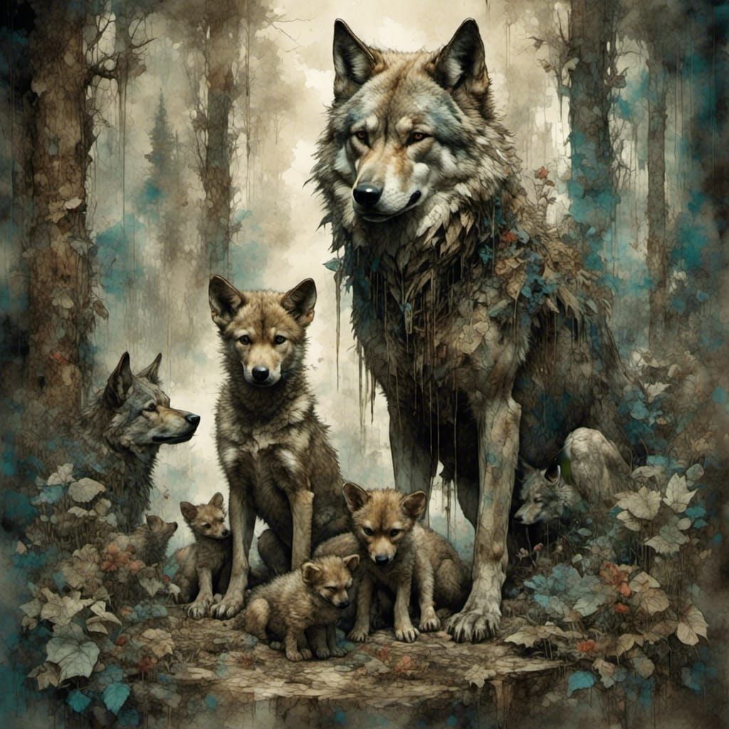 Wolf Family in Forest, Antique Watercolor Style
