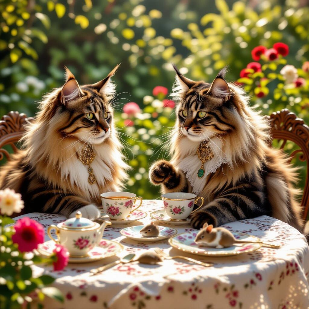 Elegant Cats' Tea Party in Hyperrealistic Style