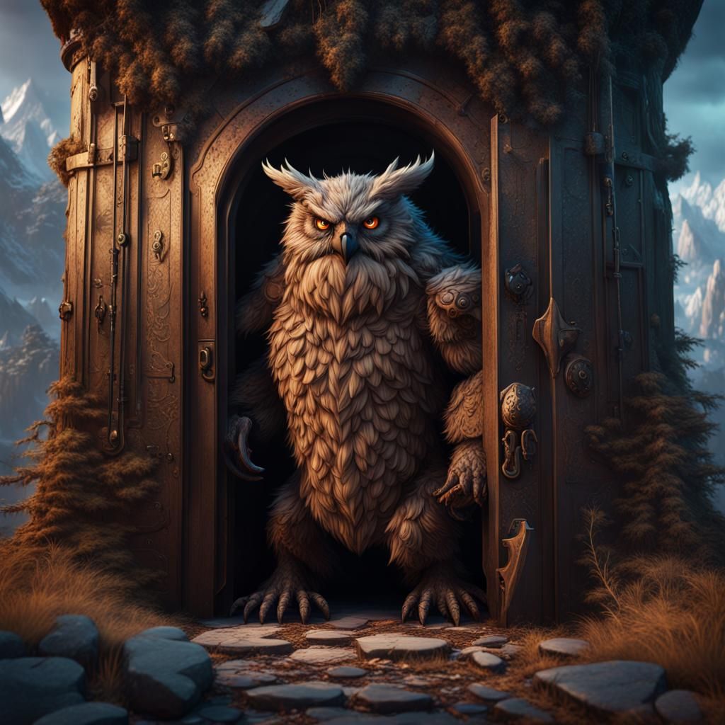 Owlbear Breaching Door: Fantasy Concept Art