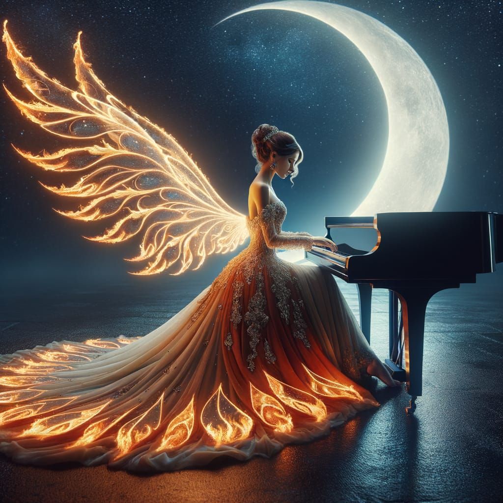 Winged Woman Plays Piano on Crescent Moon