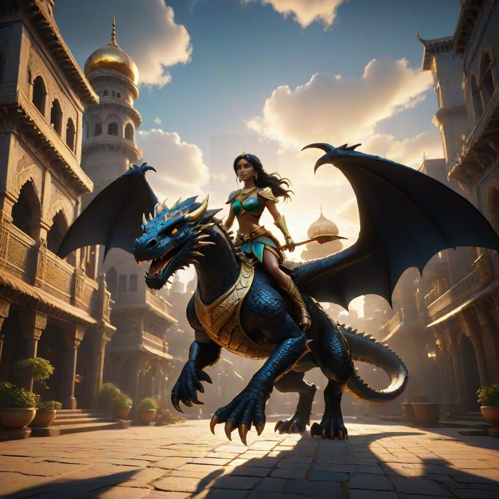 Epic Princess Jasmine Dragon Rider in 3D Game Cinematic Styl...