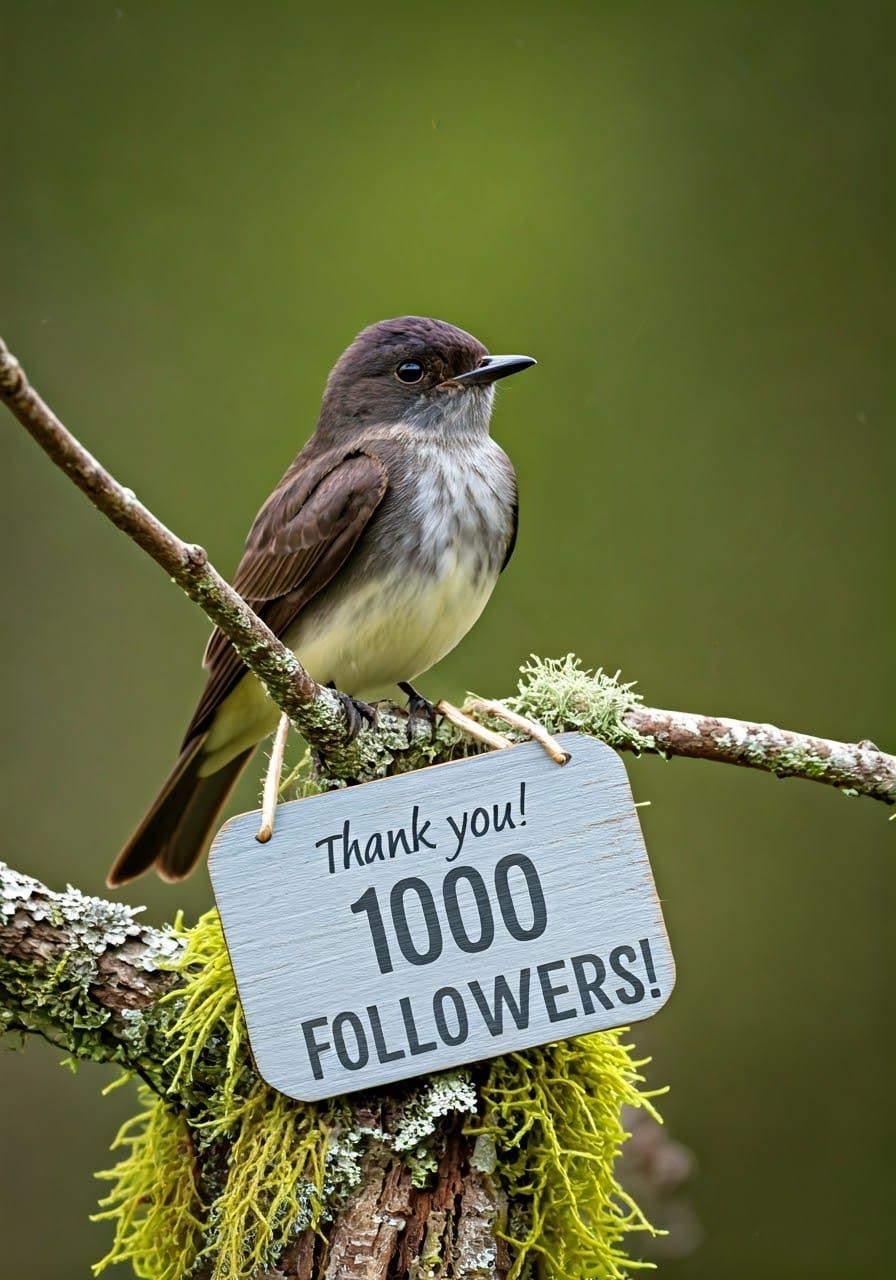 Iridescent Phoebe Bird Perched with Thank You Sign