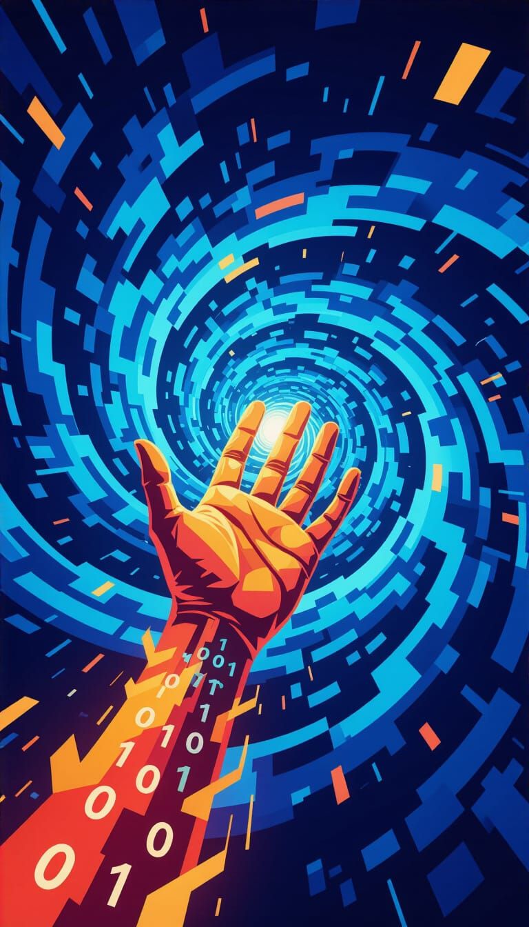 Hand Emerges From Digital Vortex of Binary Code