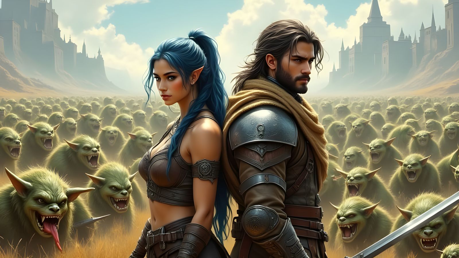 Majestic Warrior Duo Faces Fierce Green Trolls in a Vibrant ...