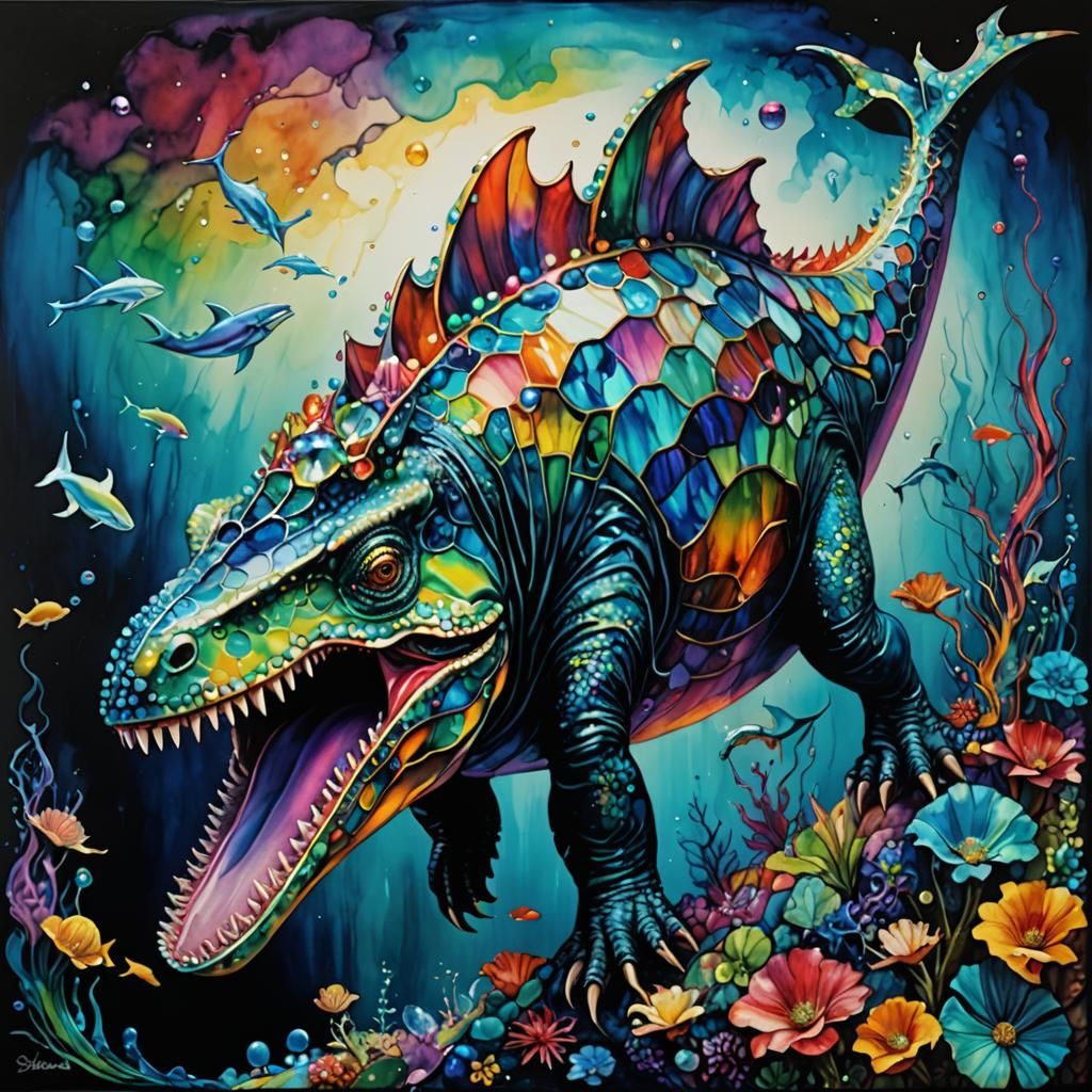 Iridescent bejeweled dinosaur whale, alcohol ink deep saturation, Robert Bateman, Salvador Dali